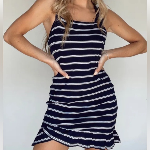Navy Striped Ruffled Mini Dress - Picture 3 of 6